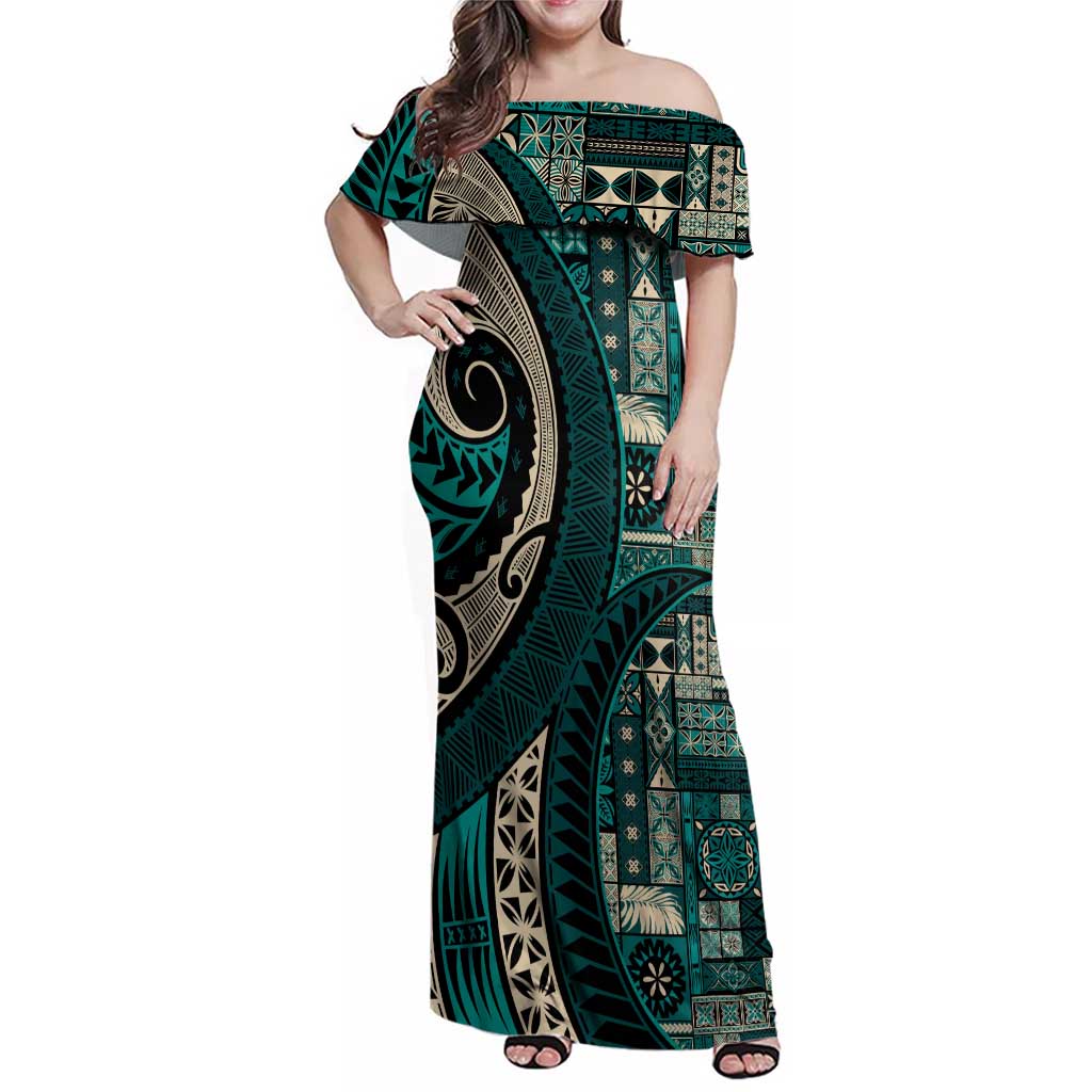 Vintage Samoa Siapo Mamanu Family Matching Off Shoulder Maxi Dress and Hawaiian Shirt Teal Samoan Tapa Motif LT9 Mom's Dress Teal - Polynesian Pride
