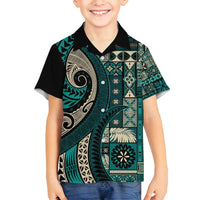 Vintage Samoa Siapo Mamanu Family Matching Off Shoulder Maxi Dress and Hawaiian Shirt Teal Samoan Tapa Motif LT9 Son's Shirt Teal - Polynesian Pride