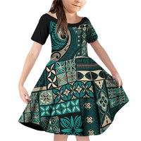 Vintage Samoa Siapo Mamanu Family Matching Off Shoulder Short Dress and Hawaiian Shirt Teal Samoan Tapa Motif LT9 Daughter's Dress Teal - Polynesian Pride