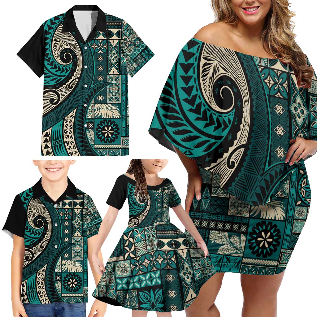 Vintage Samoa Siapo Mamanu Family Matching Off Shoulder Short Dress and Hawaiian Shirt Teal Samoan Tapa Motif LT9 - Polynesian Pride