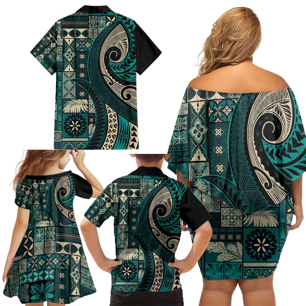 Vintage Samoa Siapo Mamanu Family Matching Off Shoulder Short Dress and Hawaiian Shirt Teal Samoan Tapa Motif LT9 - Polynesian Pride