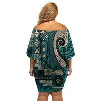 Vintage Samoa Siapo Mamanu Family Matching Off Shoulder Short Dress and Hawaiian Shirt Teal Samoan Tapa Motif LT9 - Polynesian Pride