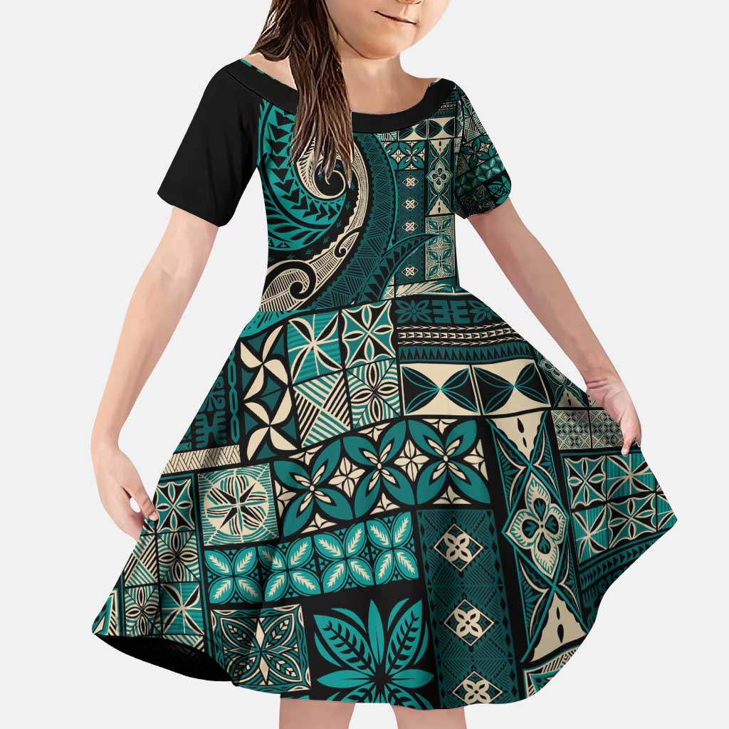 Vintage Samoa Siapo Mamanu Family Matching Puletasi and Hawaiian Shirt Teal Samoan Tapa Motif LT9 Daughter's Dress Teal - Polynesian Pride