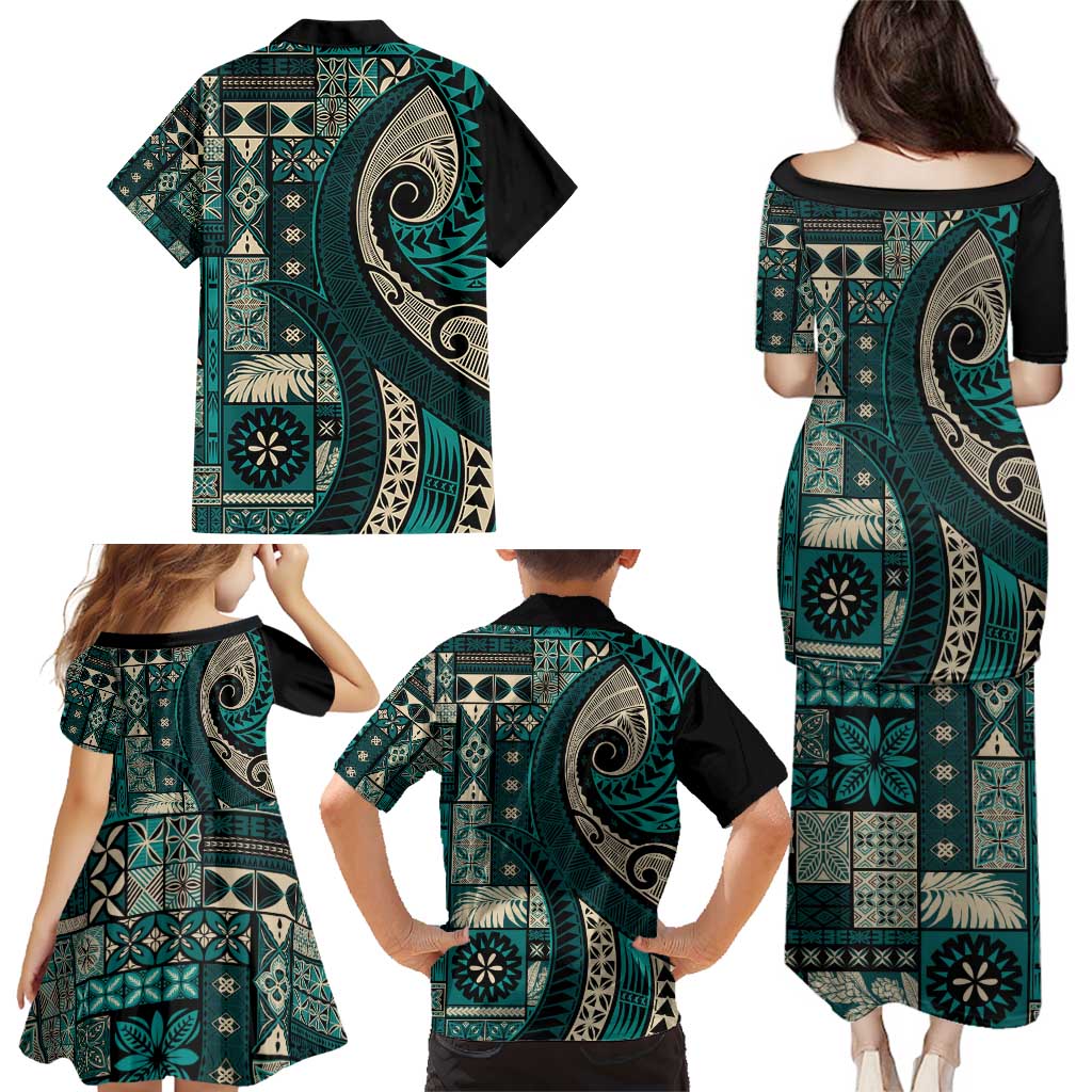 Vintage Samoa Siapo Mamanu Family Matching Puletasi and Hawaiian Shirt Teal Samoan Tapa Motif LT9 - Polynesian Pride