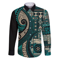 Vintage Samoa Siapo Mamanu Family Matching Puletasi and Hawaiian Shirt Teal Samoan Tapa Motif LT9 Dad's Shirt - Long Sleeve Teal - Polynesian Pride