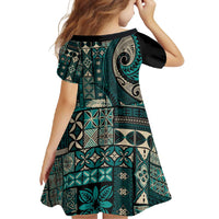 Vintage Samoa Siapo Mamanu Family Matching Short Sleeve Bodycon Dress and Hawaiian Shirt Teal Samoan Tapa Motif LT9 - Polynesian Pride