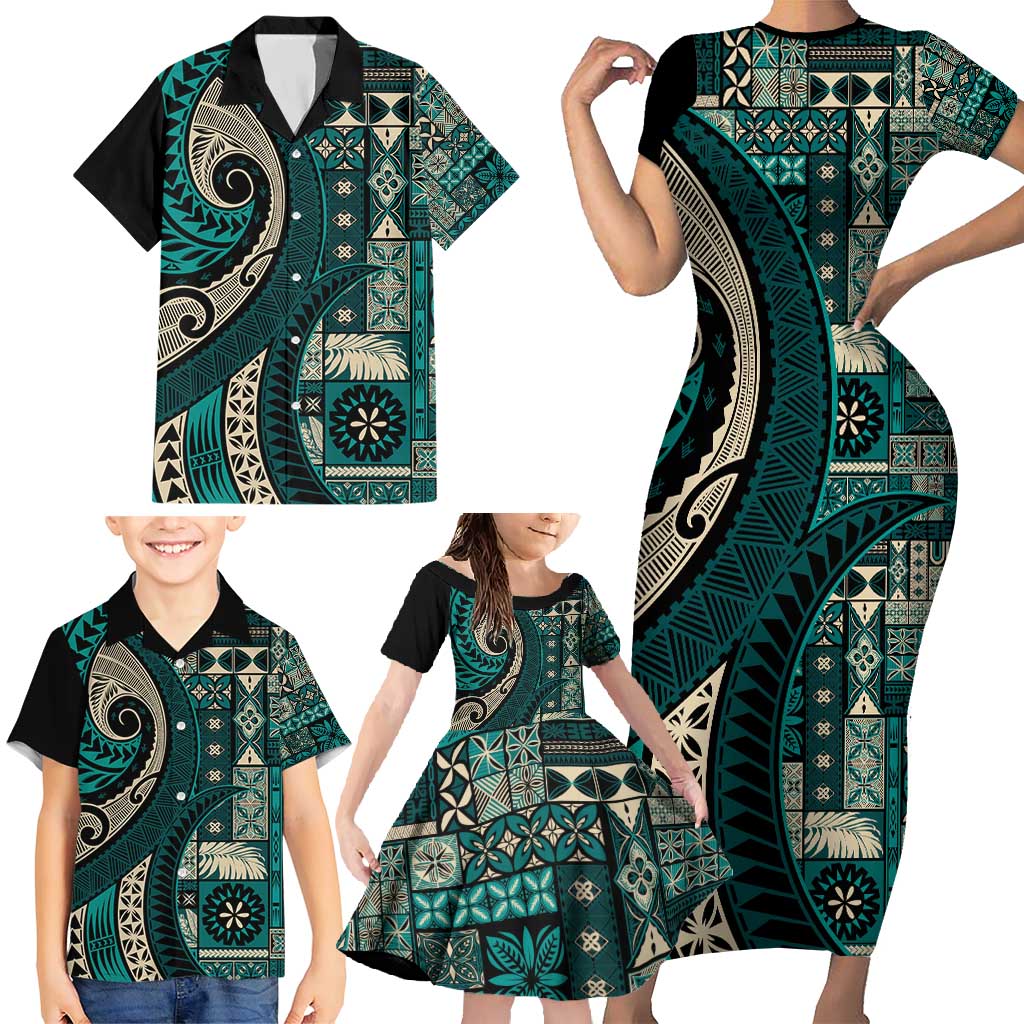 Vintage Samoa Siapo Mamanu Family Matching Short Sleeve Bodycon Dress and Hawaiian Shirt Teal Samoan Tapa Motif LT9 - Polynesian Pride