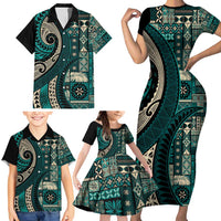 Vintage Samoa Siapo Mamanu Family Matching Short Sleeve Bodycon Dress and Hawaiian Shirt Teal Samoan Tapa Motif LT9 - Polynesian Pride