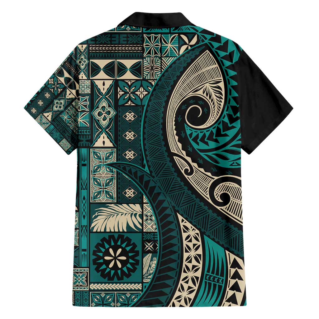 Vintage Samoa Siapo Mamanu Family Matching Short Sleeve Bodycon Dress and Hawaiian Shirt Teal Samoan Tapa Motif LT9 - Polynesian Pride
