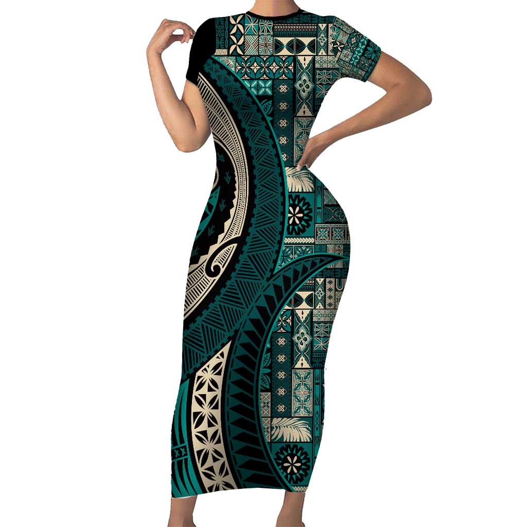 Vintage Samoa Siapo Mamanu Family Matching Short Sleeve Bodycon Dress and Hawaiian Shirt Teal Samoan Tapa Motif LT9 Mom's Dress Teal - Polynesian Pride