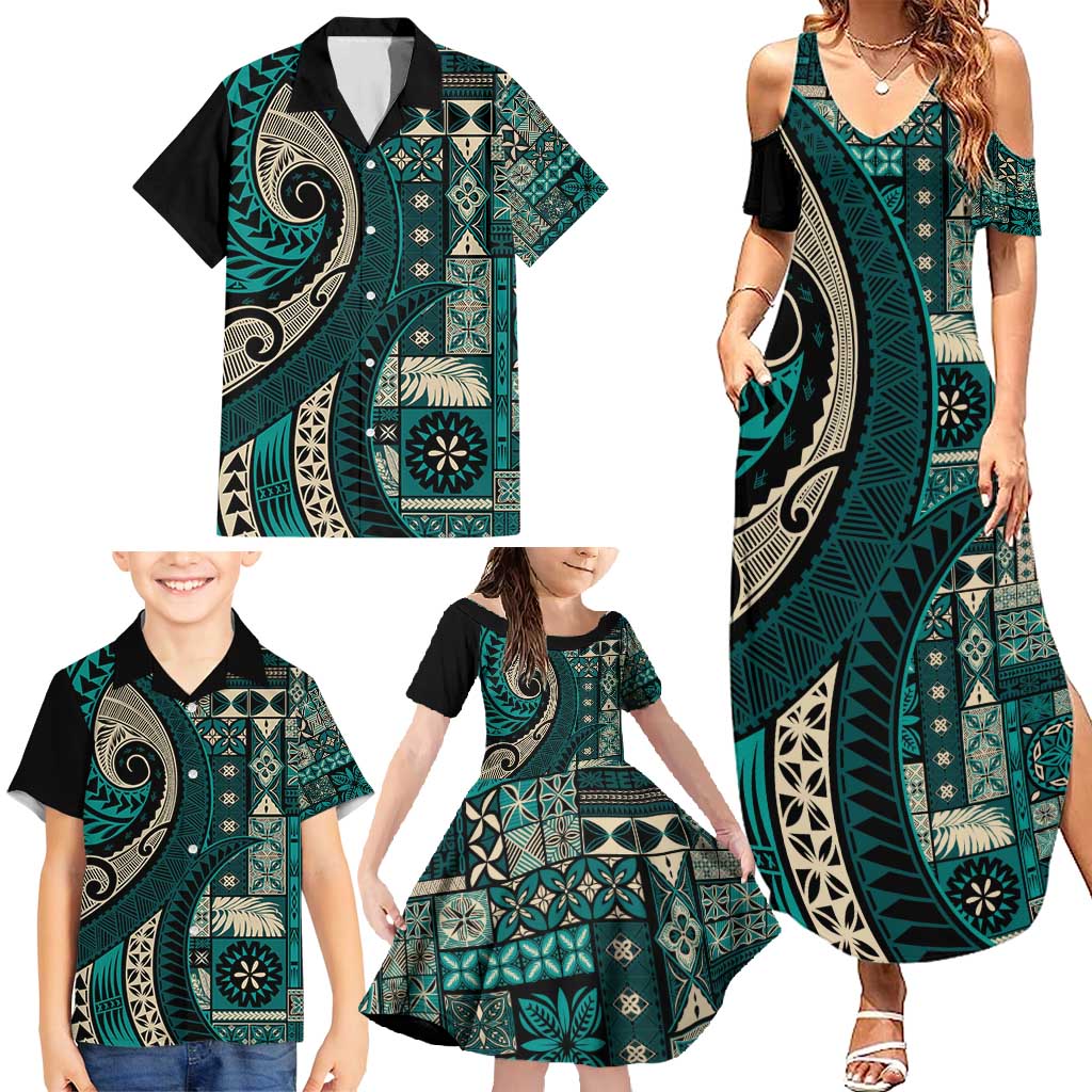 Vintage Samoa Siapo Mamanu Family Matching Summer Maxi Dress and Hawaiian Shirt Teal Samoan Tapa Motif LT9 - Polynesian Pride