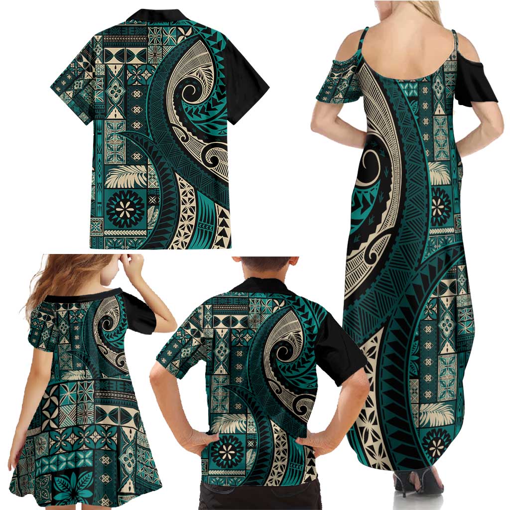 Vintage Samoa Siapo Mamanu Family Matching Summer Maxi Dress and Hawaiian Shirt Teal Samoan Tapa Motif LT9 - Polynesian Pride