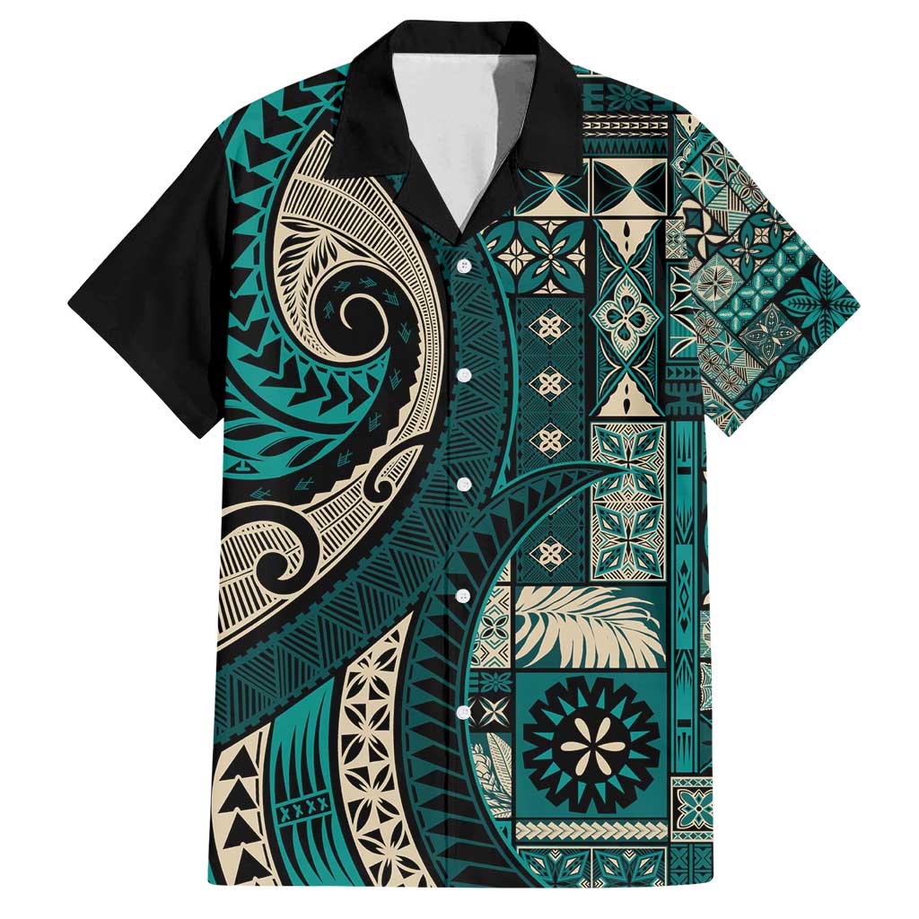 Vintage Samoa Siapo Mamanu Family Matching Summer Maxi Dress and Hawaiian Shirt Teal Samoan Tapa Motif LT9 Dad's Shirt - Short Sleeve Teal - Polynesian Pride