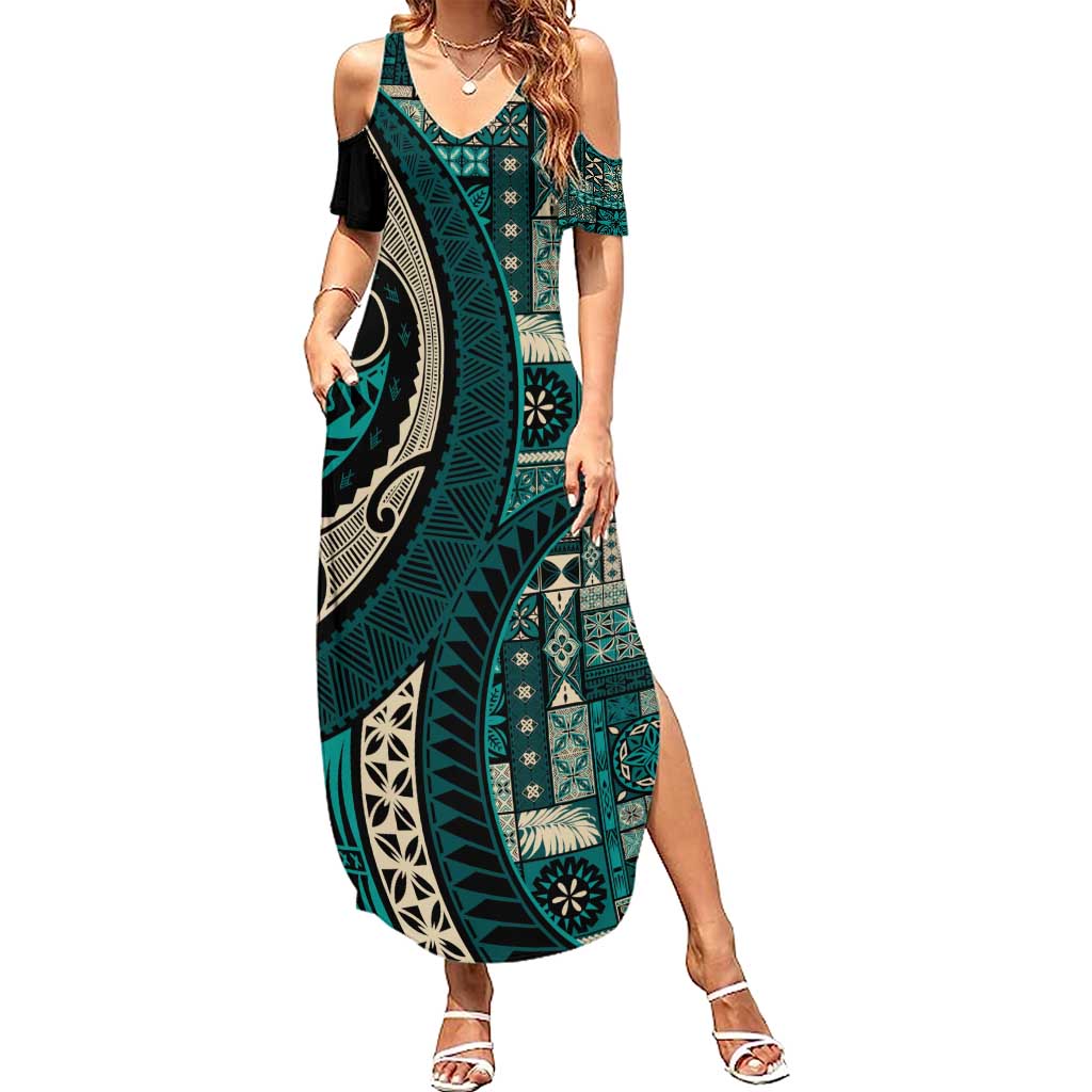 Vintage Samoa Siapo Mamanu Family Matching Summer Maxi Dress and Hawaiian Shirt Teal Samoan Tapa Motif LT9 Mom's Dress Teal - Polynesian Pride