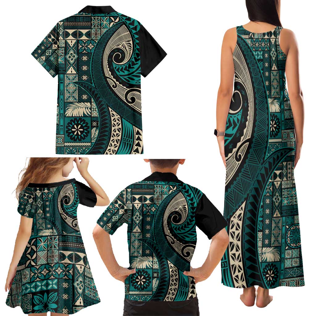 Vintage Samoa Siapo Mamanu Family Matching Tank Maxi Dress and Hawaiian Shirt Teal Samoan Tapa Motif LT9 - Polynesian Pride