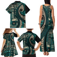 Vintage Samoa Siapo Mamanu Family Matching Tank Maxi Dress and Hawaiian Shirt Teal Samoan Tapa Motif LT9 - Polynesian Pride