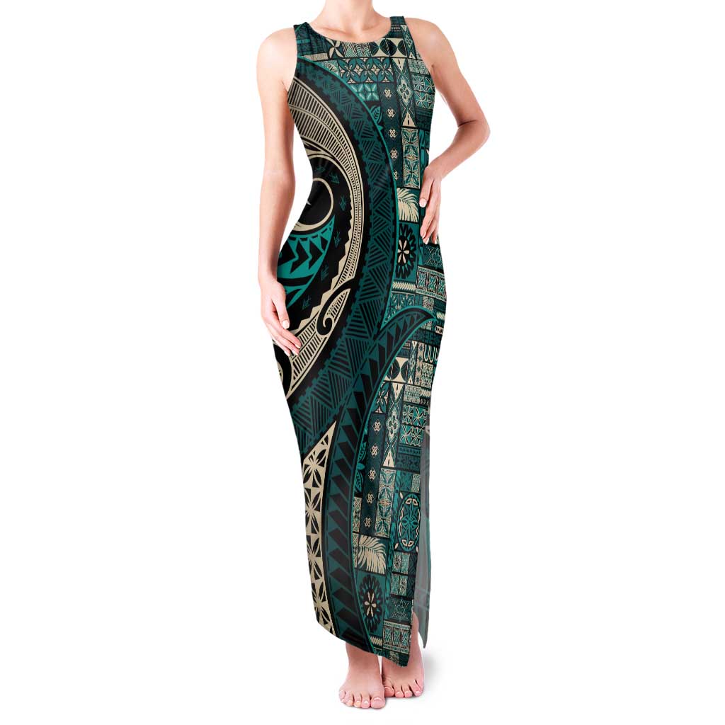 Vintage Samoa Siapo Mamanu Family Matching Tank Maxi Dress and Hawaiian Shirt Teal Samoan Tapa Motif LT9 Mom's Dress Teal - Polynesian Pride