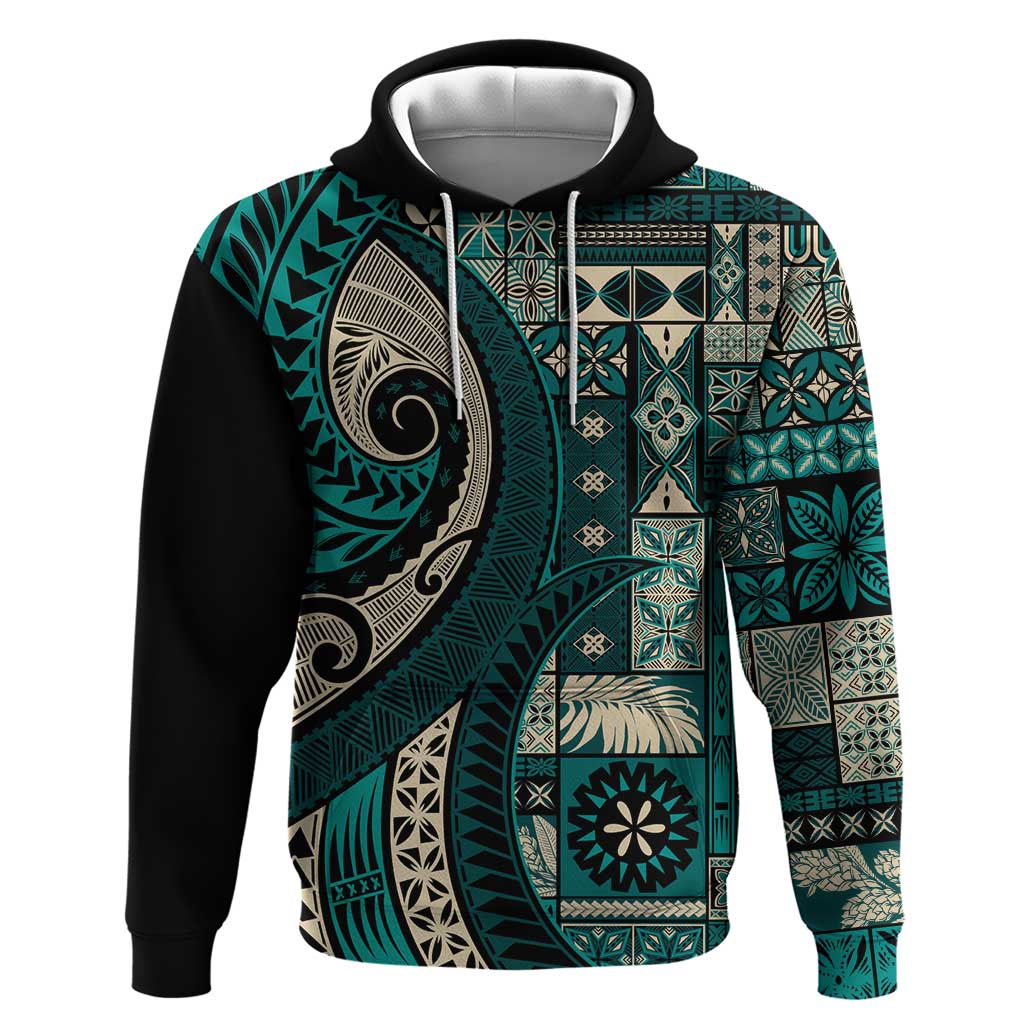 Vintage Samoa Siapo Mamanu Hoodie Teal Samoan Tapa Motif LT9 Pullover Hoodie Teal - Polynesian Pride