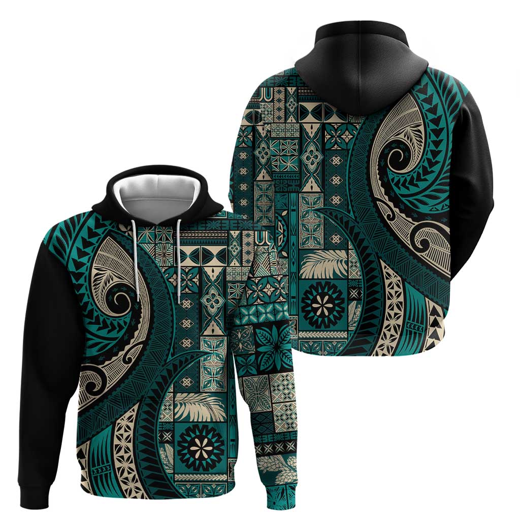 Vintage Samoa Siapo Mamanu Hoodie Teal Samoan Tapa Motif LT9 - Polynesian Pride