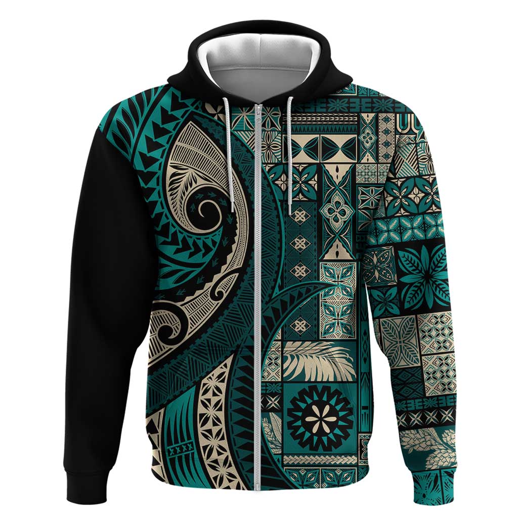 Vintage Samoa Siapo Mamanu Hoodie Teal Samoan Tapa Motif LT9 Zip Hoodie Teal - Polynesian Pride