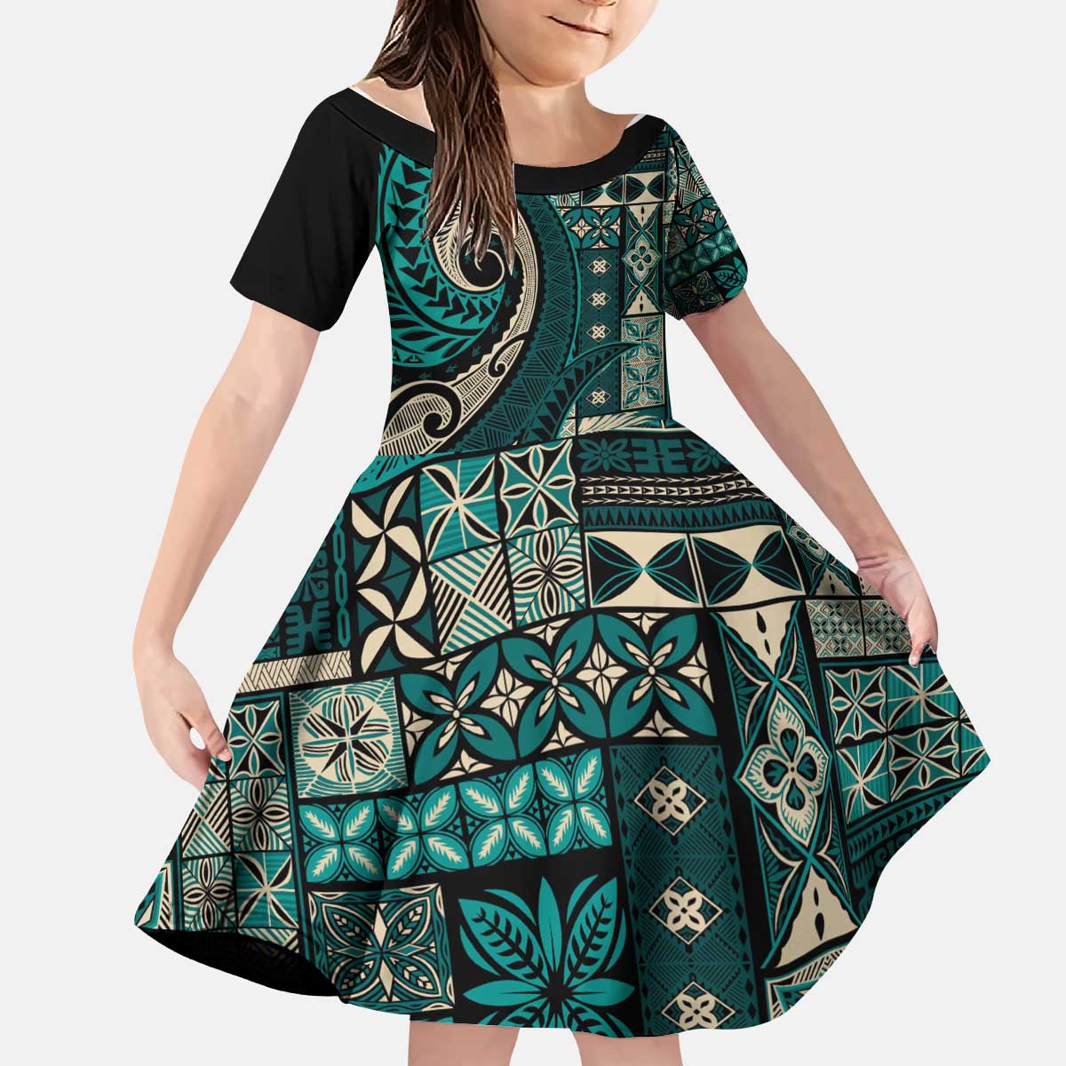 Vintage Samoa Siapo Mamanu Kid Short Sleeve Dress Teal Samoan Tapa Motif - Polynesian Pride