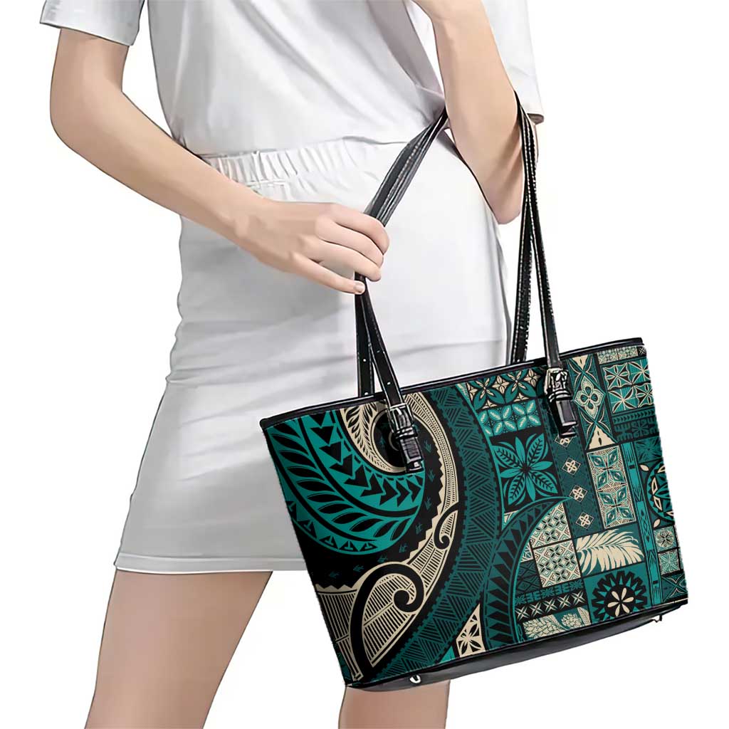 Vintage Samoa Siapo Mamanu Leather Tote Bag Teal Samoan Tapa Motif - Polynesian Pride