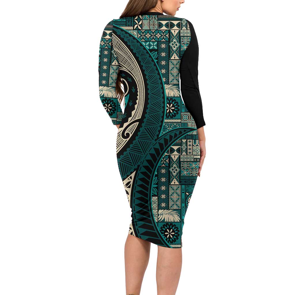 Vintage Samoa Siapo Mamanu Long Sleeve Bodycon Dress Teal Samoan Tapa Motif - Polynesian Pride