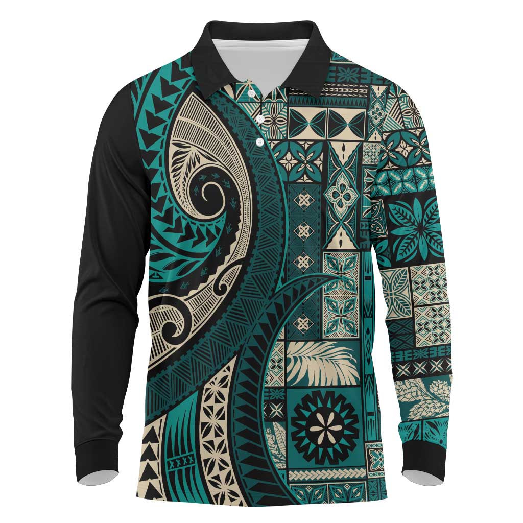 Vintage Samoa Siapo Mamanu Long Sleeve Polo Shirt Teal Samoan Tapa Motif - Polynesian Pride