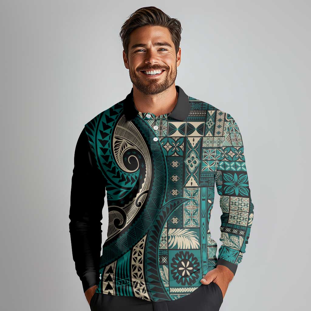 Vintage Samoa Siapo Mamanu Long Sleeve Polo Shirt Teal Samoan Tapa Motif - Polynesian Pride