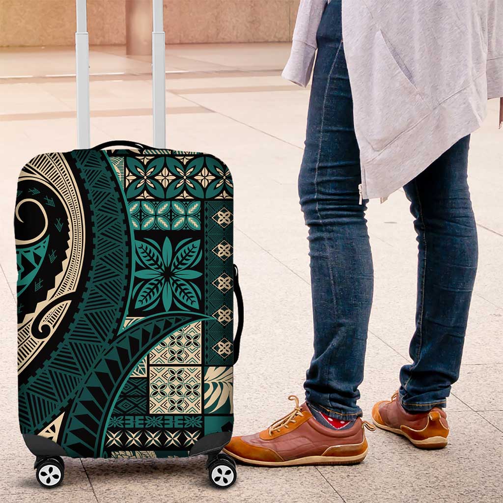 Vintage Samoa Siapo Mamanu Luggage Cover Teal Samoan Tapa Motif - Polynesian Pride