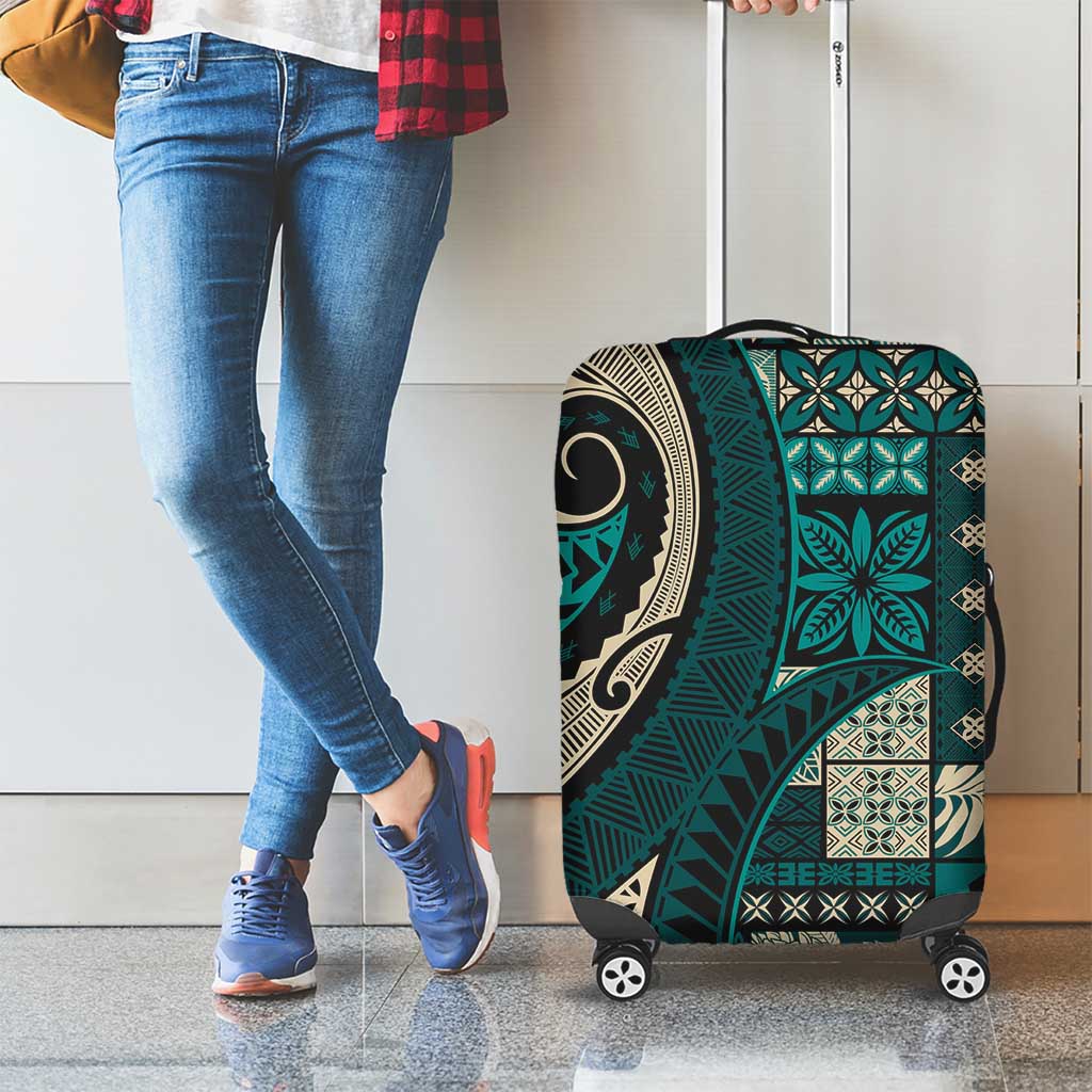 Vintage Samoa Siapo Mamanu Luggage Cover Teal Samoan Tapa Motif - Polynesian Pride