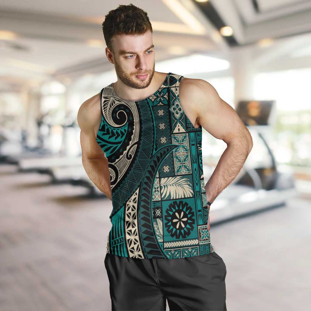 Vintage Samoa Siapo Mamanu Men Tank Top Teal Samoan Tapa Motif - Polynesian Pride