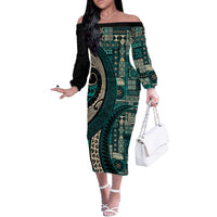 Vintage Samoa Siapo Mamanu Off The Shoulder Long Sleeve Dress Teal Samoan Tapa Motif - Polynesian Pride