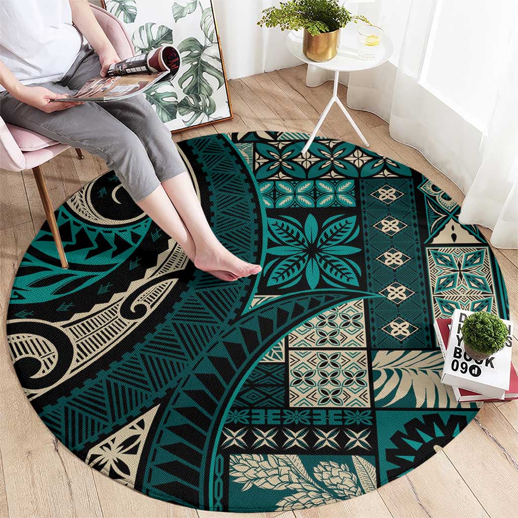 Vintage Samoa Siapo Mamanu Round Carpet Teal Samoan Tapa Motif - Polynesian Pride