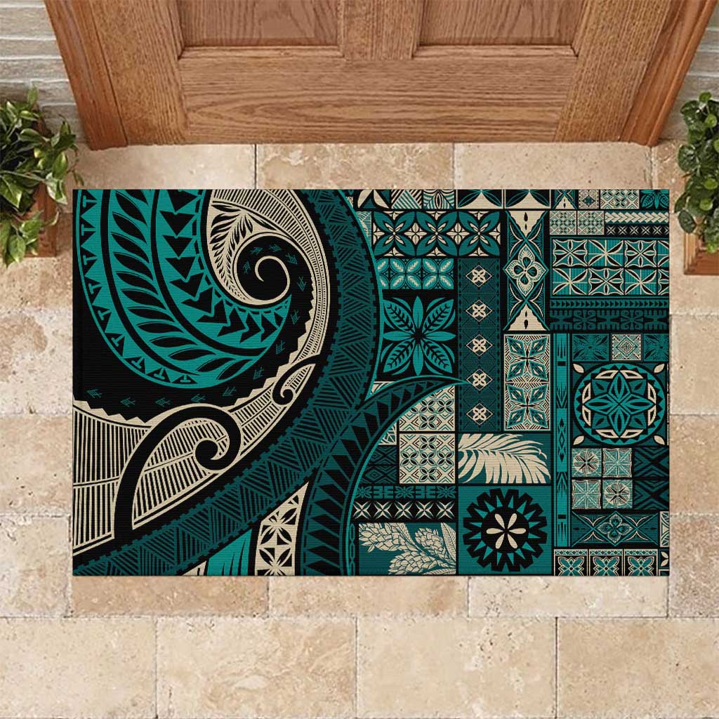 Vintage Samoa Siapo Mamanu Rubber Doormat Teal Samoan Tapa Motif - Polynesian Pride
