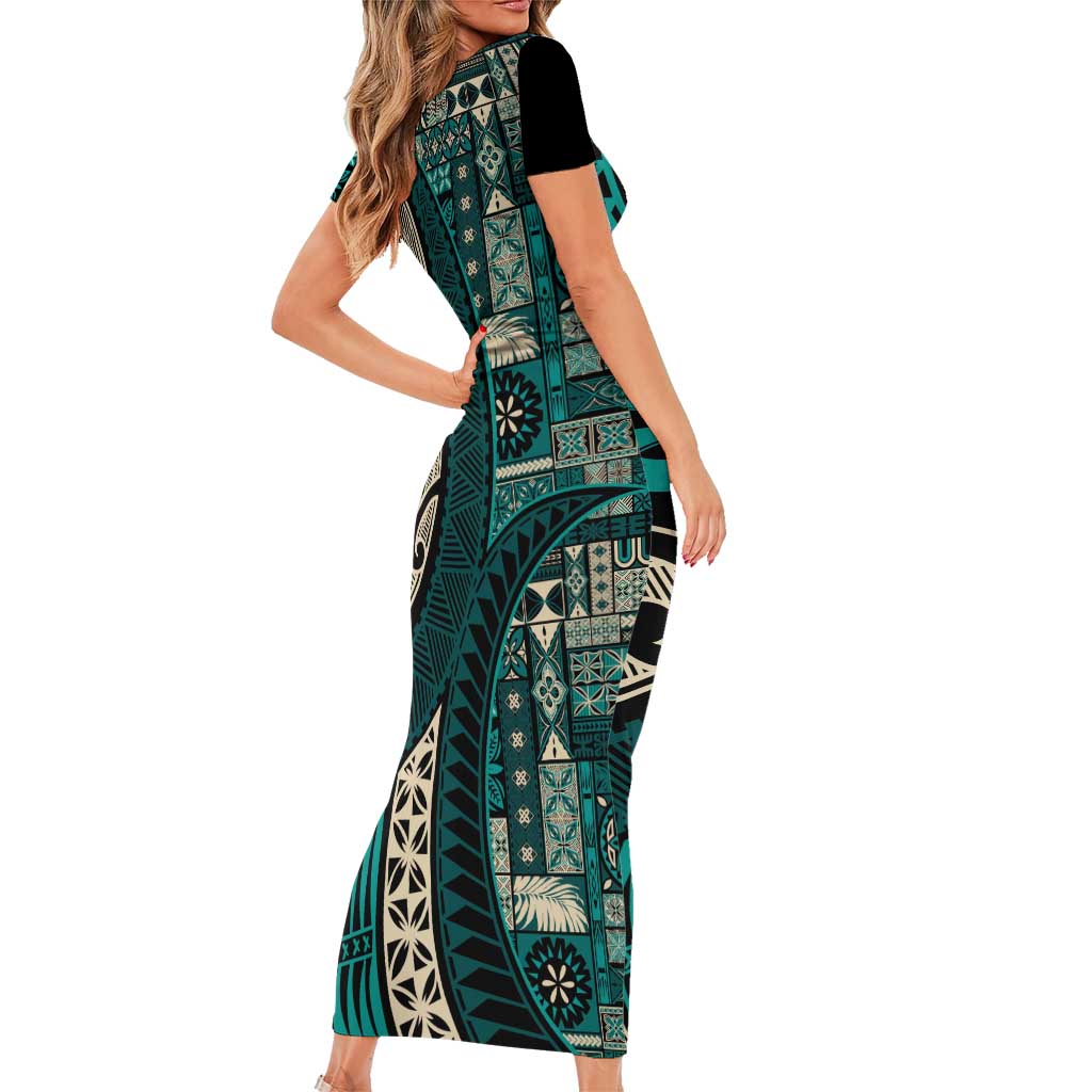 Vintage Samoa Siapo Mamanu Short Sleeve Bodycon Dress Teal Samoan Tapa Motif - Polynesian Pride