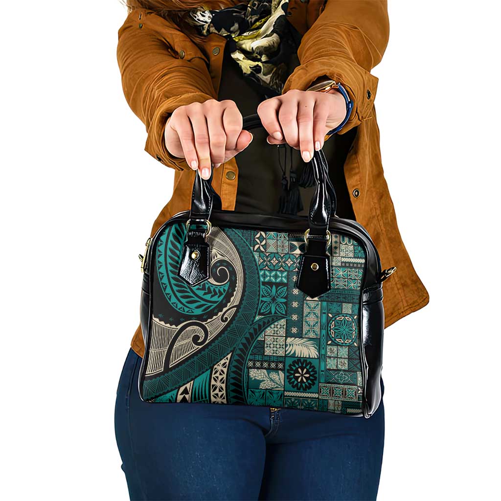 Vintage Samoa Siapo Mamanu Shoulder Handbag Teal Samoan Tapa Motif - Polynesian Pride