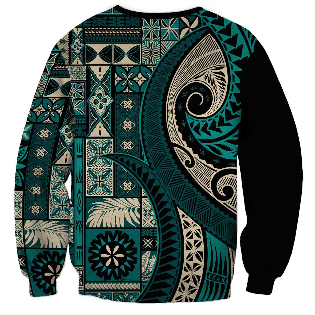 Vintage Samoa Siapo Mamanu Sweatshirt Teal Samoan Tapa Motif - Polynesian Pride