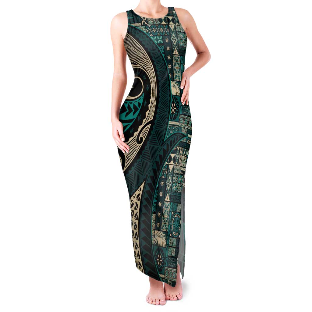 Vintage Samoa Siapo Mamanu Tank Maxi Dress Teal Samoan Tapa Motif - Polynesian Pride