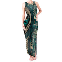 Vintage Samoa Siapo Mamanu Tank Maxi Dress Teal Samoan Tapa Motif - Polynesian Pride