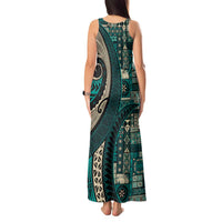 Vintage Samoa Siapo Mamanu Tank Maxi Dress Teal Samoan Tapa Motif - Polynesian Pride