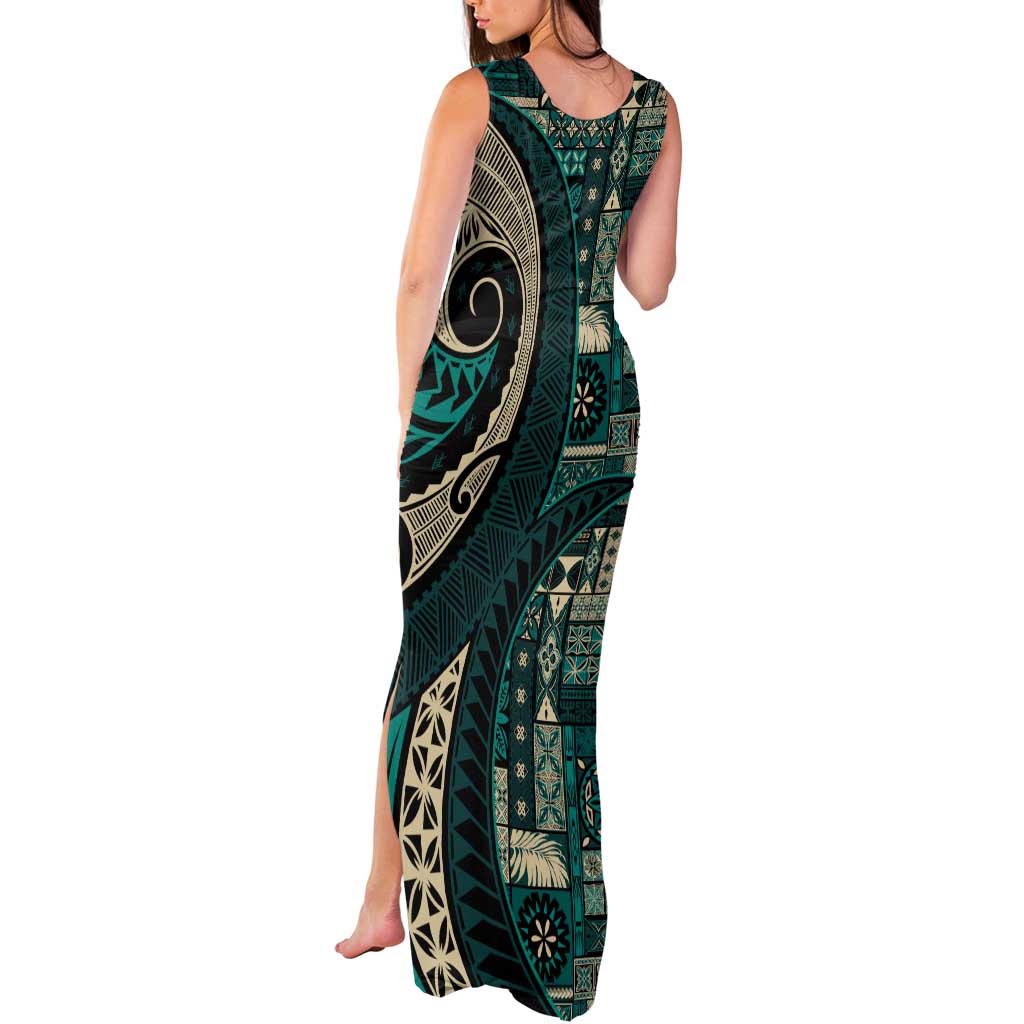 Vintage Samoa Siapo Mamanu Tank Maxi Dress Teal Samoan Tapa Motif - Polynesian Pride