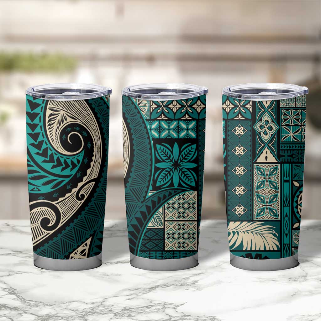 Vintage Samoa Siapo Mamanu Tumbler Cup Teal Samoan Tapa Motif - Polynesian Pride