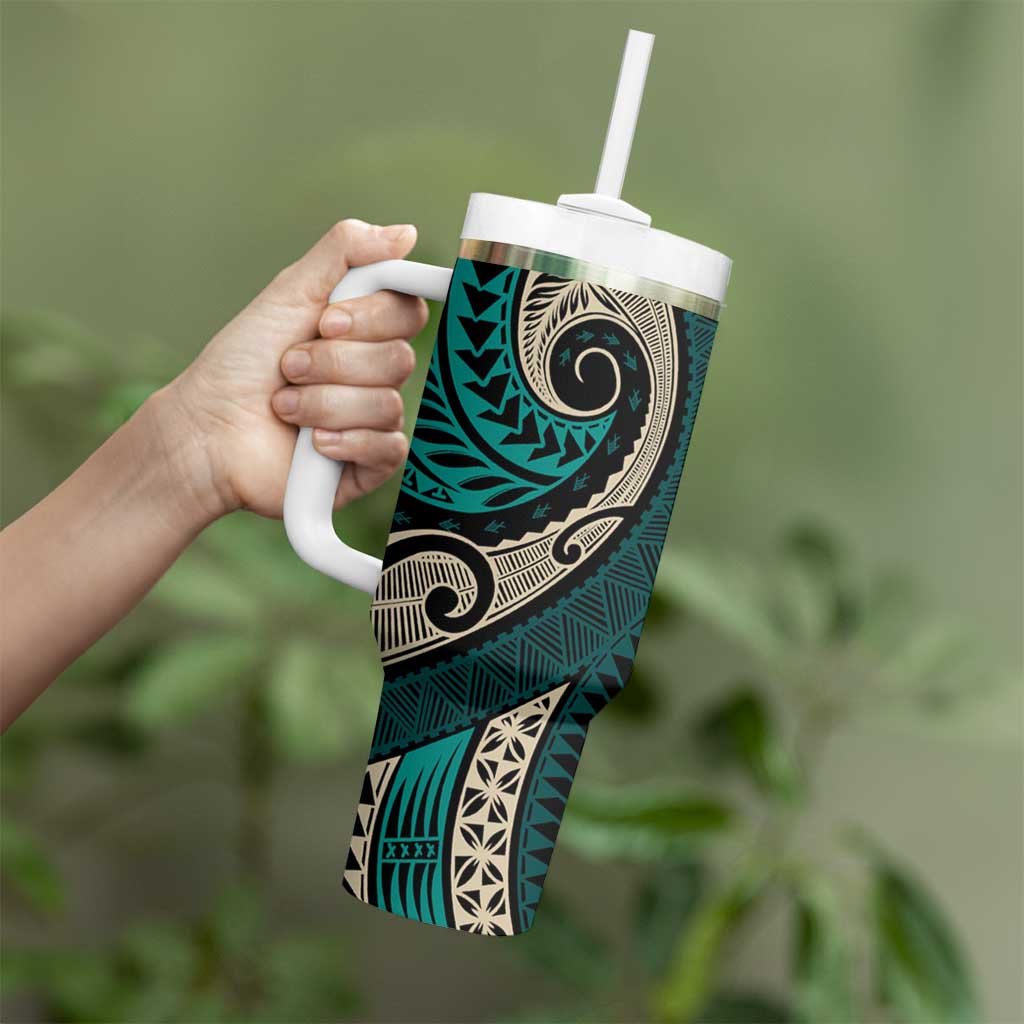 Vintage Samoa Siapo Mamanu Tumbler With Handle Teal Samoan Tapa Motif - Polynesian Pride