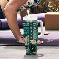 Vintage Samoa Siapo Mamanu Tumbler With Handle Teal Samoan Tapa Motif - Polynesian Pride