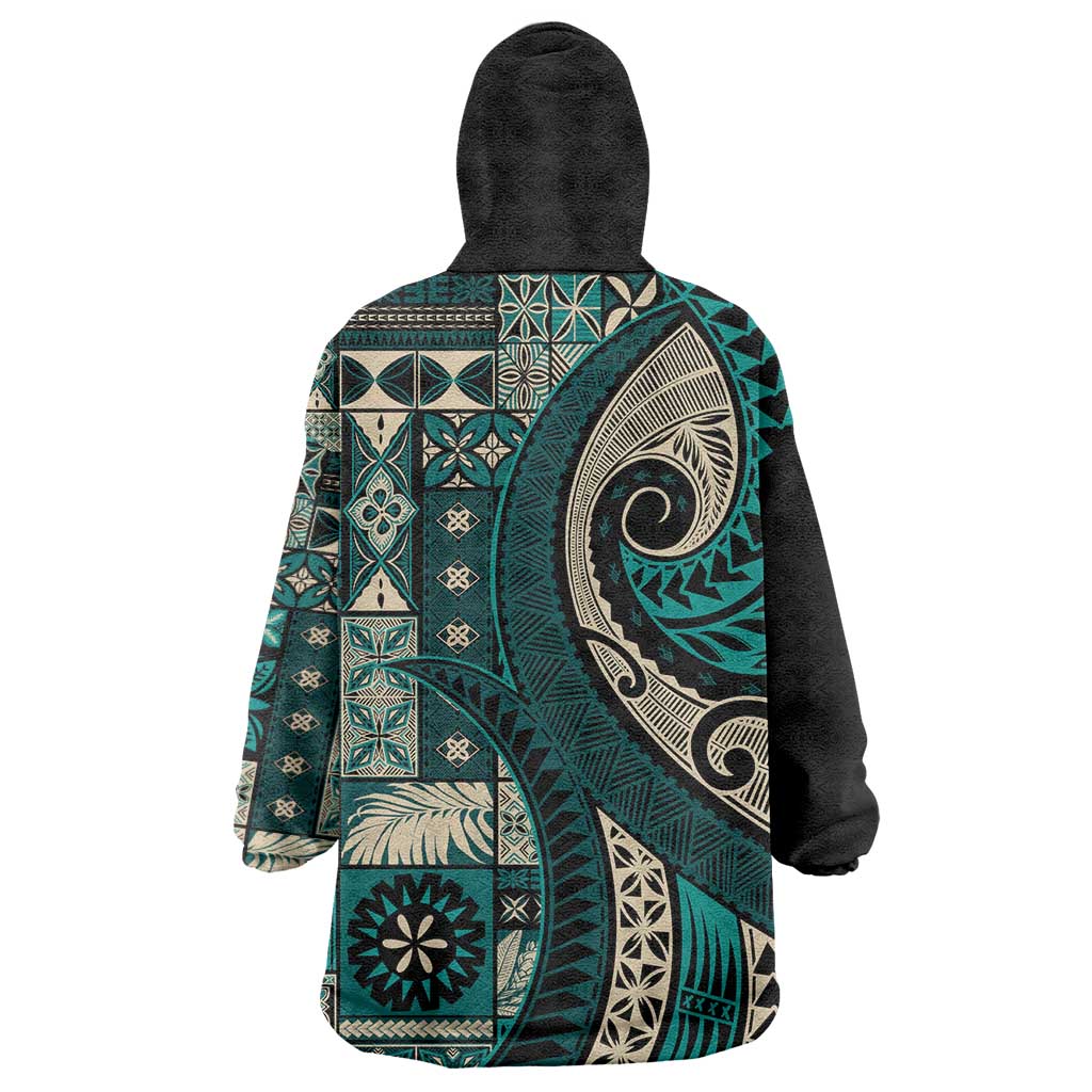 Vintage Samoa Siapo Mamanu Wearable Blanket Hoodie Teal Samoan Tapa Motif - Polynesian Pride