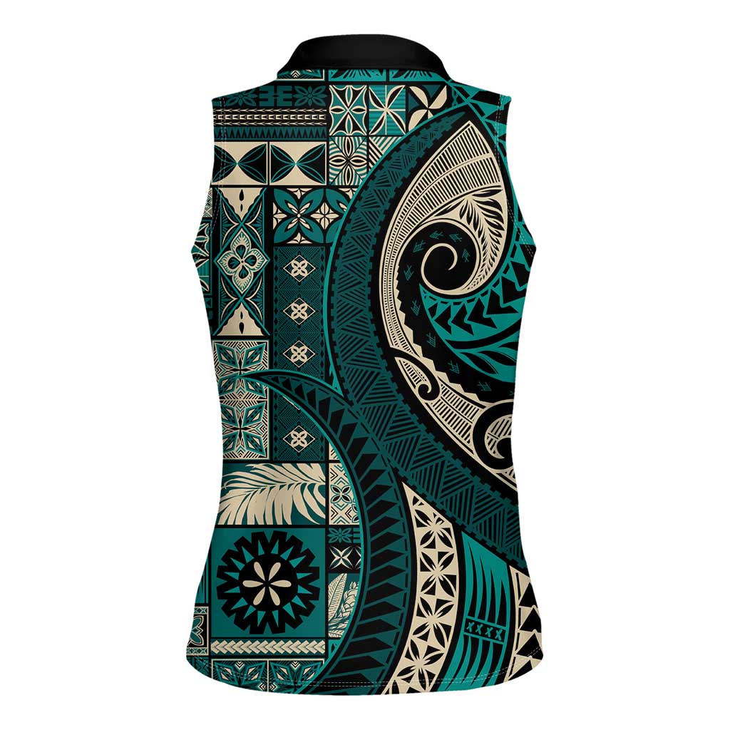 Vintage Samoa Siapo Mamanu Women Sleeveless Polo Shirt Teal Samoan Tapa Motif - Polynesian Pride