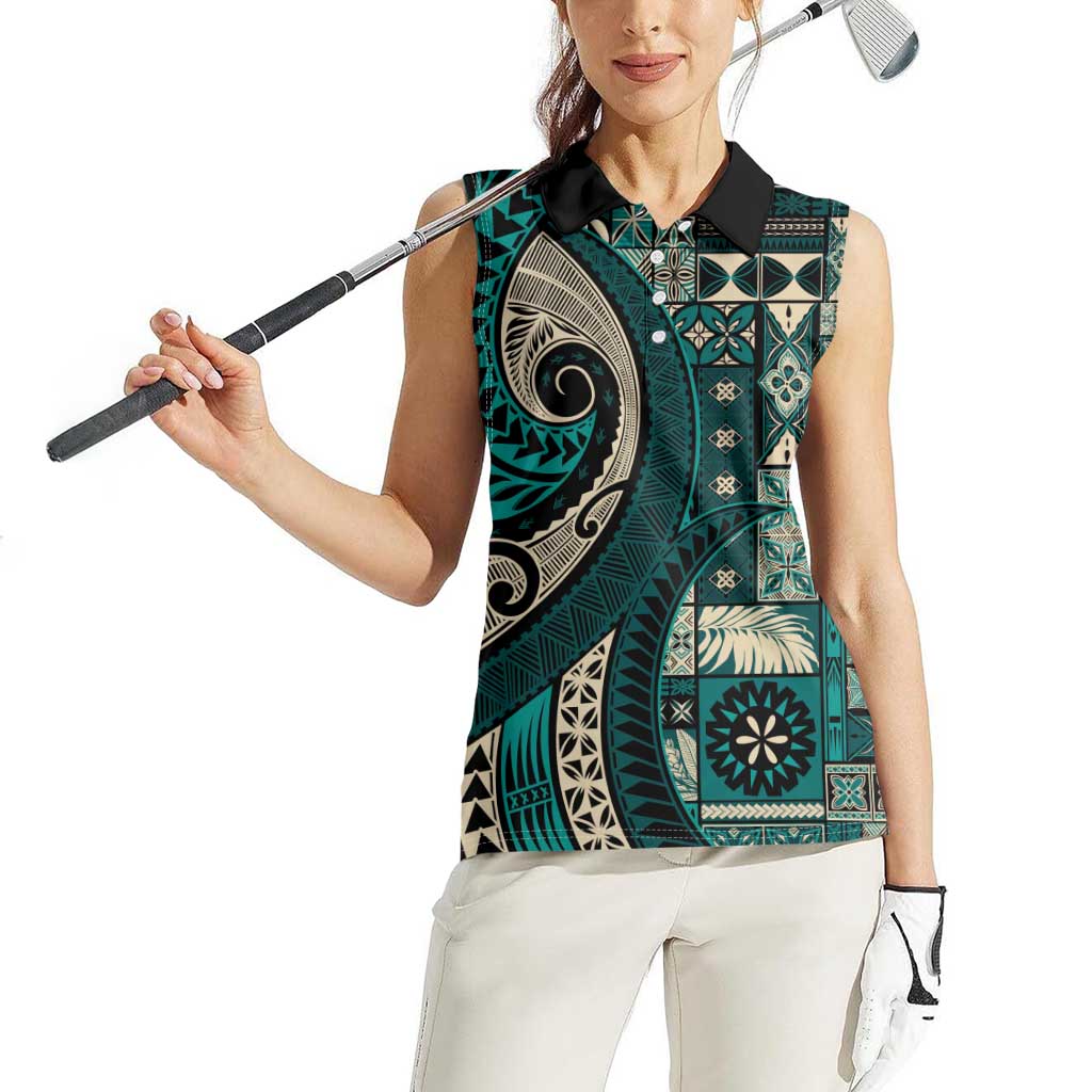 Vintage Samoa Siapo Mamanu Women Sleeveless Polo Shirt Teal Samoan Tapa Motif - Polynesian Pride