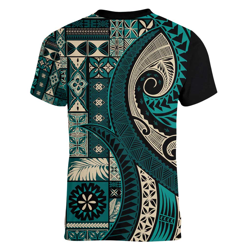 Vintage Samoa Siapo Mamanu Women V-Neck T-Shirt Teal Samoan Tapa Motif - Polynesian Pride