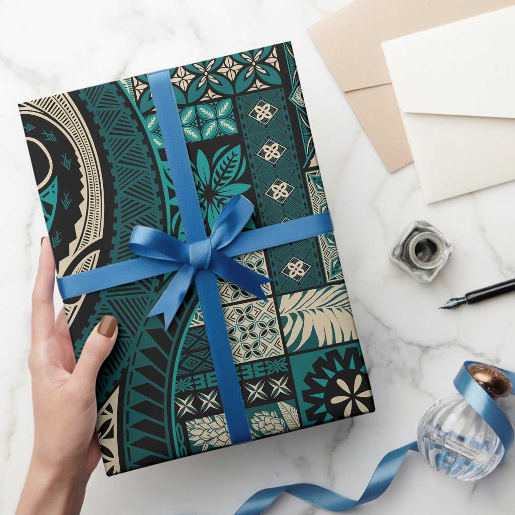 Vintage Samoa Siapo Mamanu Wrapping Paper Teal Samoan Tapa Motif - Polynesian Pride